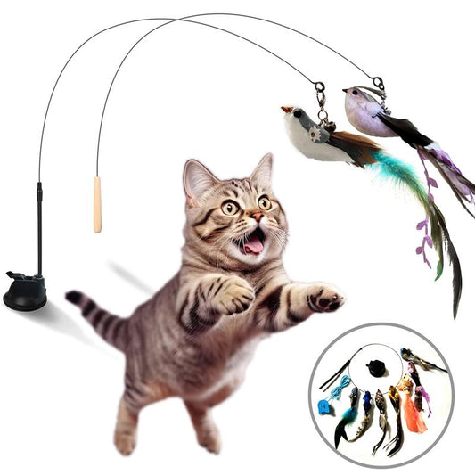 Cat Toy Wand Auto Interactive Toys for Indoor Cat 10 in 1 Hands-Free Natural Bird Feather Ball Toys, Suction Cup Pet Dancing Playing Toy Pawvara