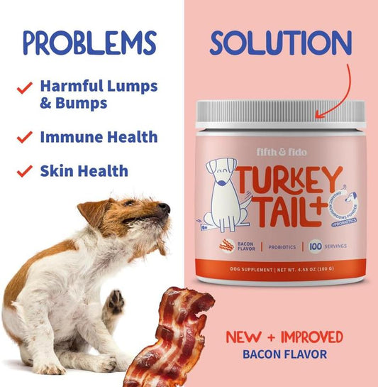 Fifth & Fido Turkey Tail+ - Dog Food Topper with Probiotics for Lipomas, Immune Support & Gut Health - 100 Servings - Bacon Flavor - Natural Allergy Relief - Supplements Pawvara