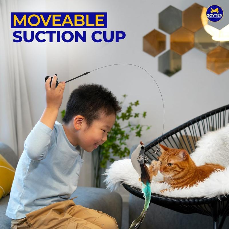 Cat Toy Wand Auto Interactive Toys for Indoor Cat 10 in 1 Hands-Free Natural Bird Feather Ball Toys, Suction Cup Pet Dancing Playing Toy Pawvara