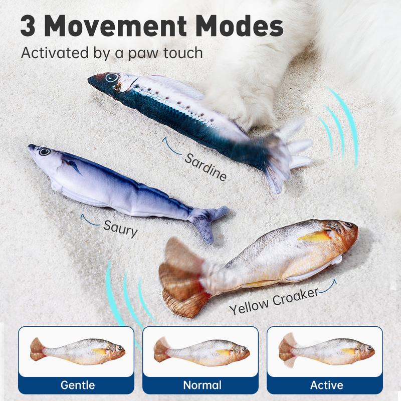 dealsforyouday, Petgravity Bitesized Realistic Flopping Fish Cat Toys, 3 Pack, Interactive Cat toys for All Breeds, Tap-Activated 3 Flapping Mode, Sardine/Saury/Yellow Croaker, 7.1 Inches, with Catnip, Rechargeable, Motion Sensor Interaction Pawvara