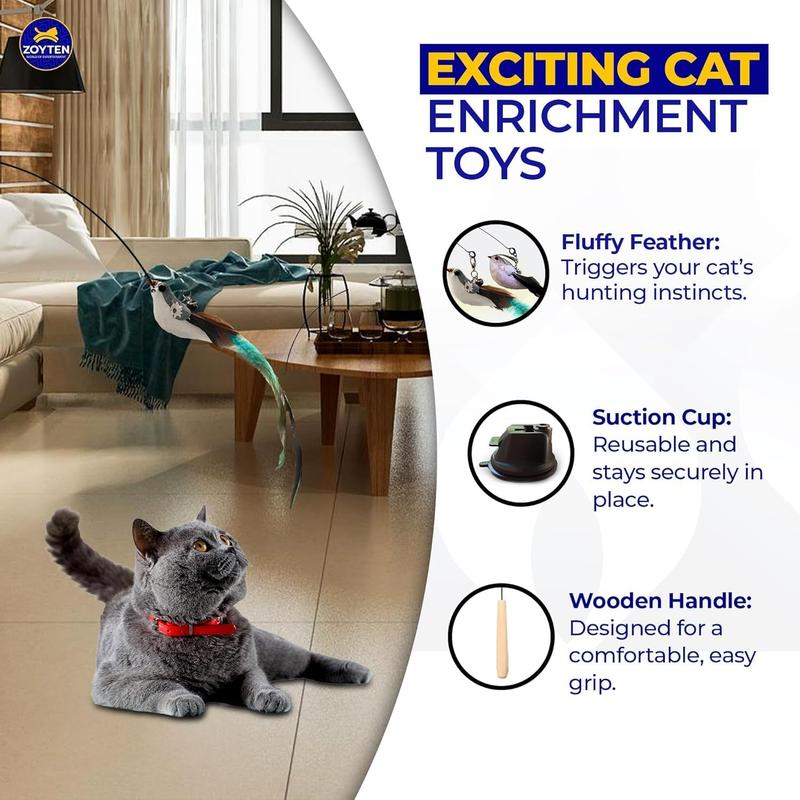 Cat Toy Wand Auto Interactive Toys for Indoor Cat 10 in 1 Hands-Free Natural Bird Feather Ball Toys, Suction Cup Pet Dancing Playing Toy Pawvara